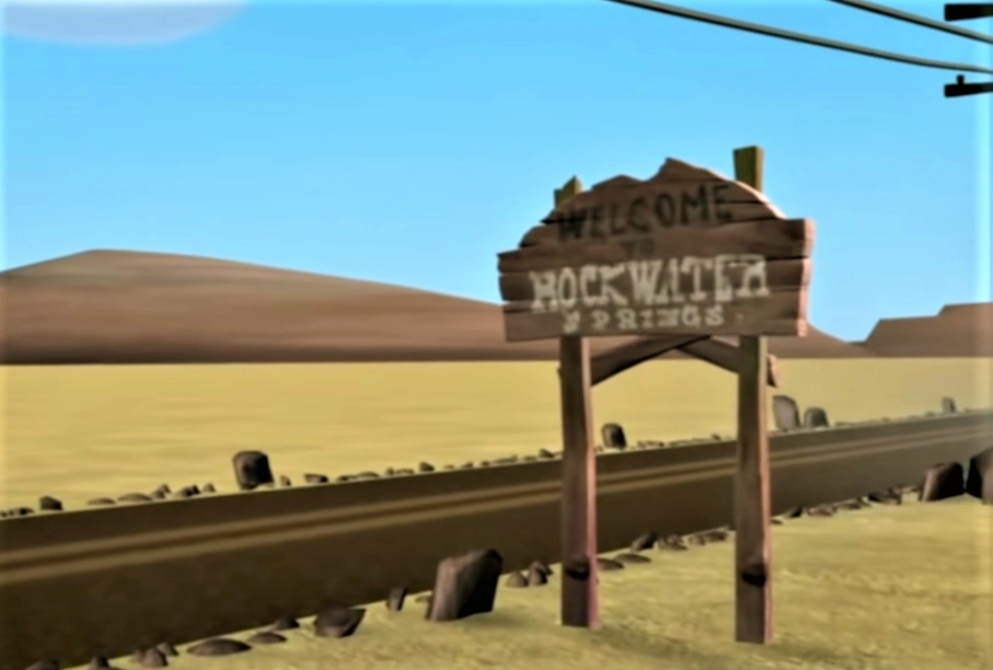 A sign for Rockwater Springs. It is rural and desert and the paint on the sign has faded.'