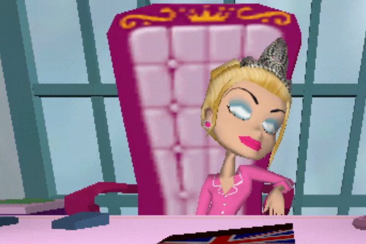 Burdine is blonde with white skin. She wears bright pink clothing, bright pink lipstick, and white and blue eyeshadow. Her hair is worn up with a silver tiara in it. She is sleeping in a pink chair.