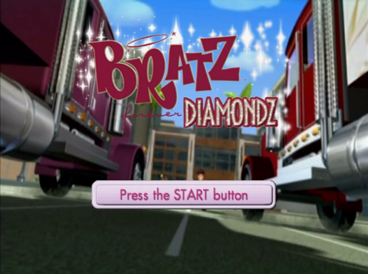 The title screen of the game. It says 'Bratz Forever Diamonds' and start game. Two semis are visible on either side of the screen. The left one is pink and the right one is red.