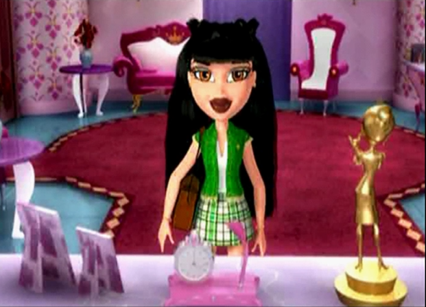 Jade is pale with black hair. She wears a green vest and a matching green and white plaid skirt. She stands in an office where everything is pink aside from a red carpet.