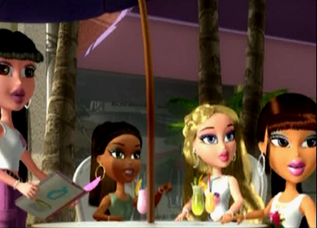 Jade is pale and has black hair. Sasha has dark brown skin and dark brown hair. Cloe is white with yellow blonde hair. Yasmin has brown skin and reddish brown hair.