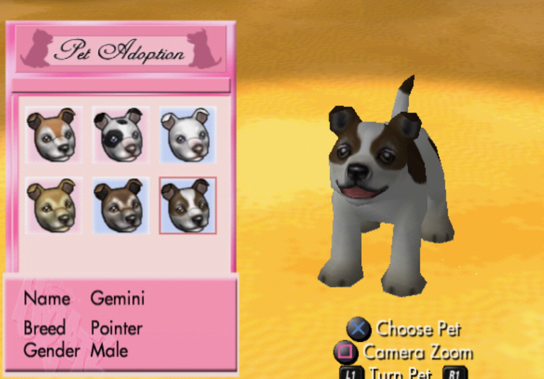 The pet adoption page. There is a menu with different pet options