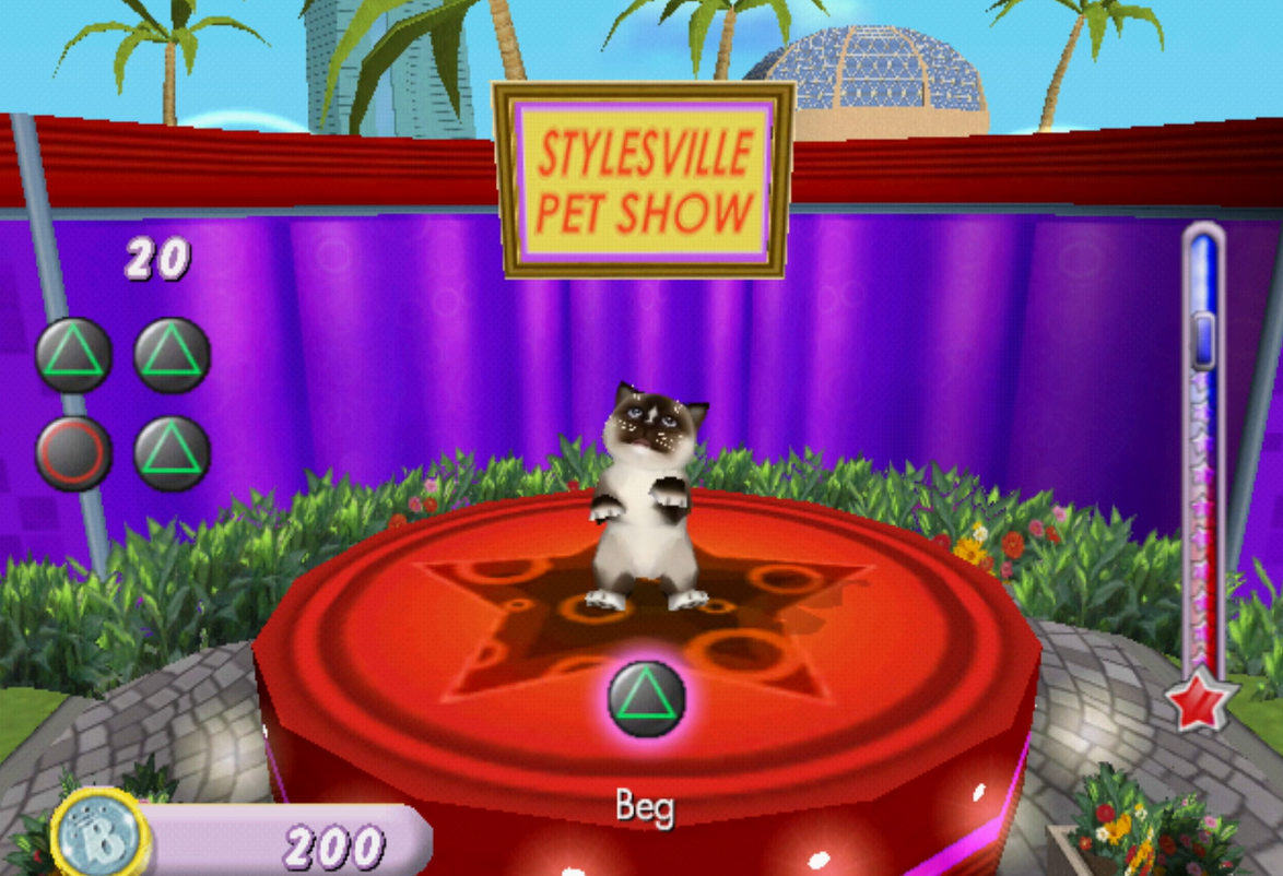 The Stylesville Pet Show. Our pet, a seal point cat, stands on a red pedestal preforming the 'Beg' trick.